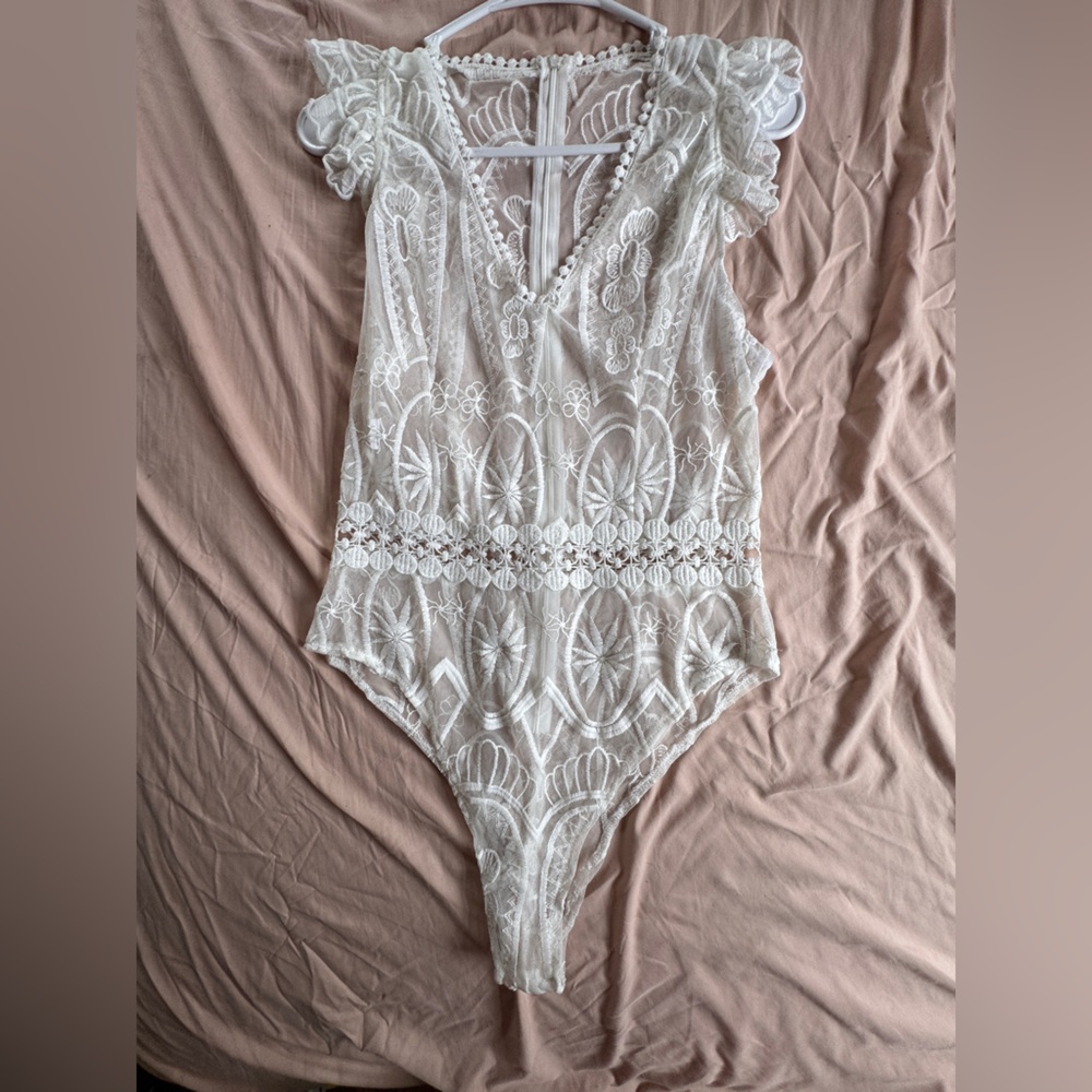 See Through White Lace Bodysuit - W/O Label. Size is an estimate.